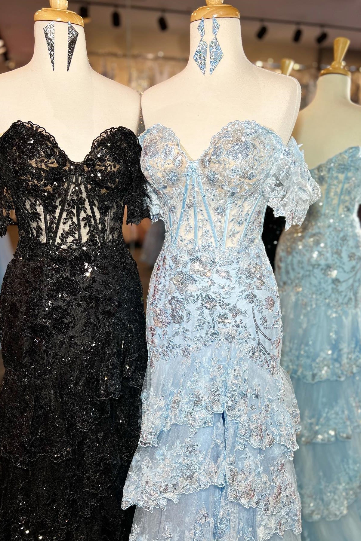 Off the Shoulder Light Blue Appliques Tiered Ruffle Long Prom Dress Sparkling Floor Length Prom Dress Prom Dresses Stores