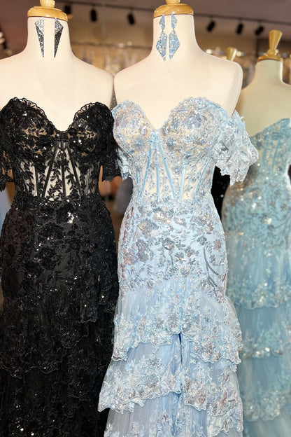 Off the Shoulder Light Blue Appliques Tiered Ruffle Long Prom Dress Sparkling Floor Length Prom Dress Prom Dresses Stores