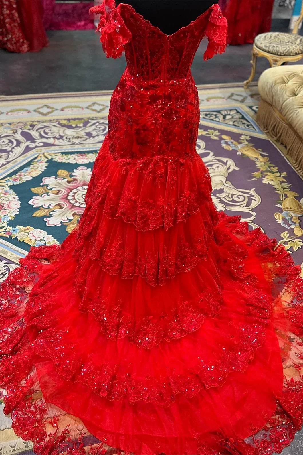 Off the Shoulder Light Blue Appliques Tiered Ruffle Long Prom Dress Sparkling Floor Length Prom Dress Prom Dresses Stores