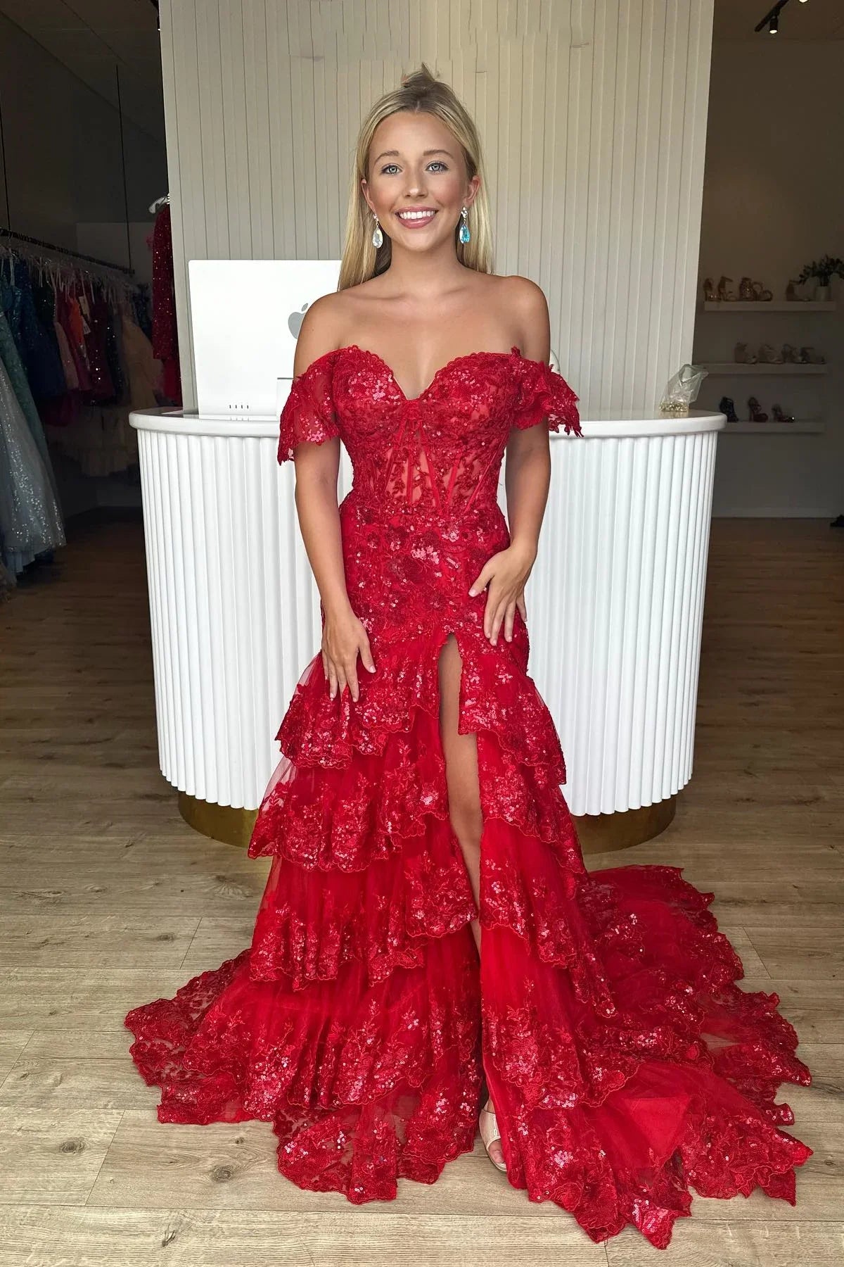 Off the Shoulder Light Blue Appliques Tiered Ruffle Long Prom Dress Sparkling Floor Length Prom Dress Prom Dresses Stores