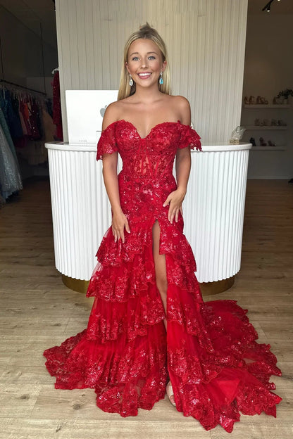 Off the Shoulder Light Blue Appliques Tiered Ruffle Long Prom Dress Sparkling Floor Length Prom Dress Prom Dresses Stores