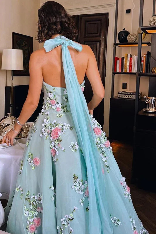 Prom Dress In Store A-line Floral Maxi Dress Halter Lace Up Backless Dresses Evening Wear