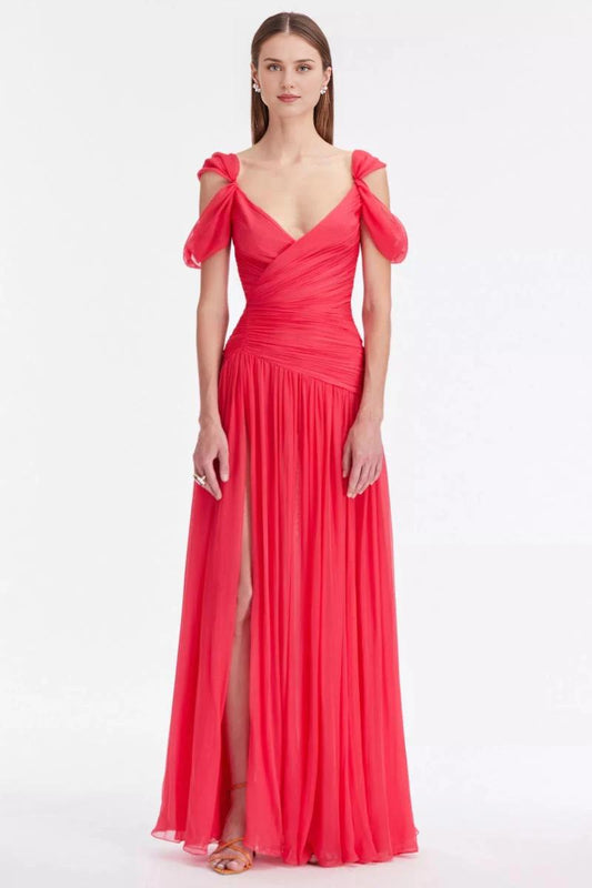 Prom Dress In Store A-line Off Shoulder V Neck Chiffon Maxi Dress With Slit Dresses Evening Wear