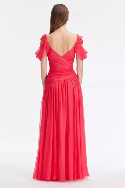 Prom Dress In Store A-line Off Shoulder V Neck Chiffon Maxi Dress With Slit Dresses Evening Wear