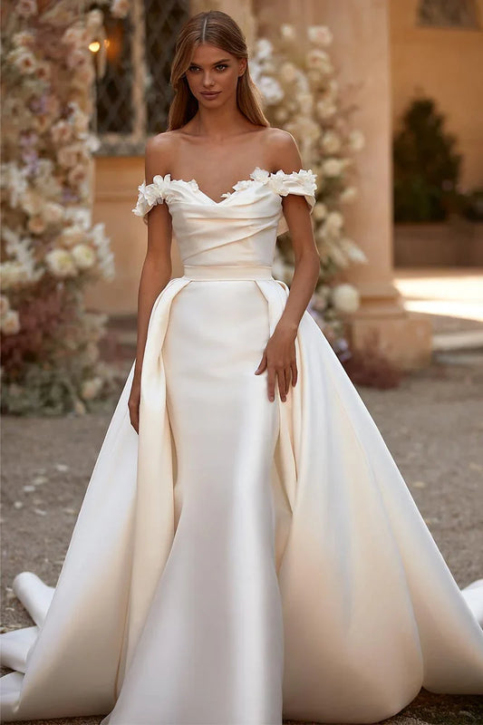 Prom Dress In Store Divine A-line Off-the-Shoulder Romantic Satin Wedding Dress Backless Dress For Wedding
