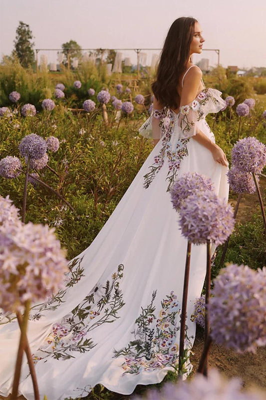 Prom Dress In Store Elegant Floral Lace Applique A-line Wedding Dress With Long Train Dress For Wedding