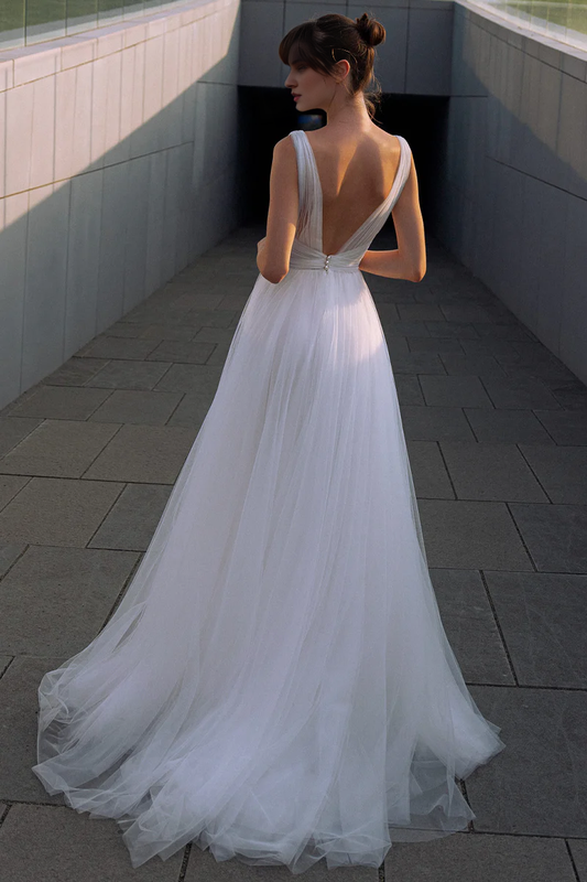 Prom Dress In Store Elegant Tulle A-line Wedding Dress Deep V Neck Backless Dress For Wedding