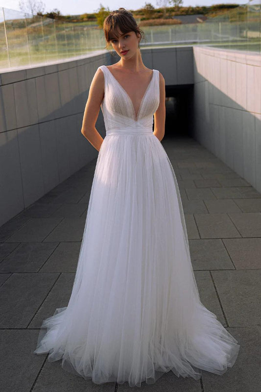 Prom Dress In Store Elegant Tulle A-line Wedding Dress Deep V Neck Backless Dress For Wedding