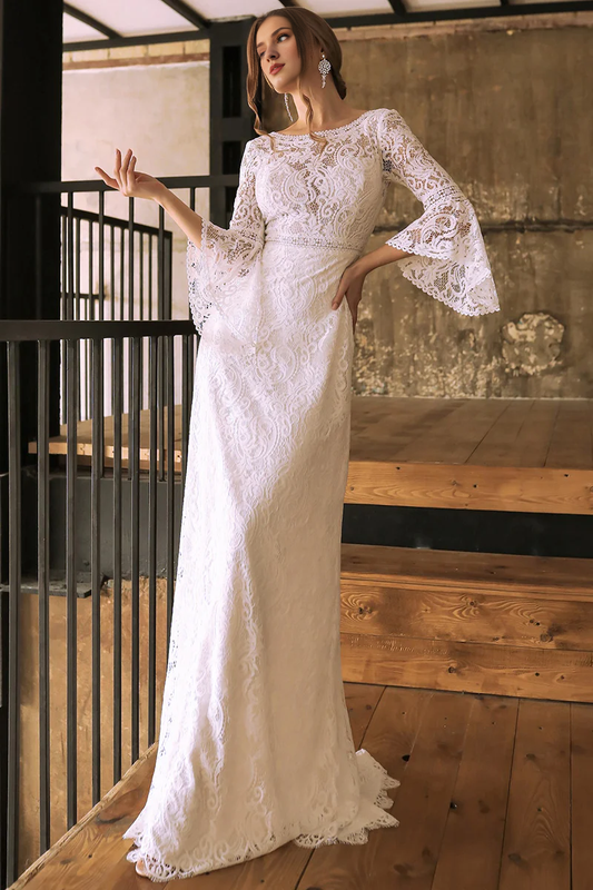 Prom Dress In Store Eternity Lace Mermaid Boatneck Wedding Dress Long Sleeves Backless Dress For Wedding
