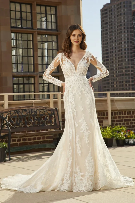Prom Dress In Store Ivory Long Sleeve V Neck Wedding Dress Mermaid Applique With Train Dress For Wedding
