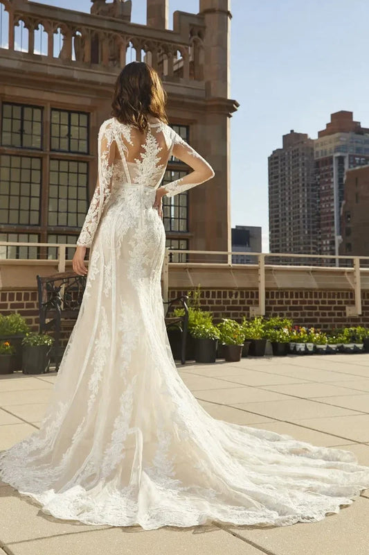 Prom Dress In Store Ivory Long Sleeve V Neck Wedding Dress Mermaid Applique With Train Dress For Wedding