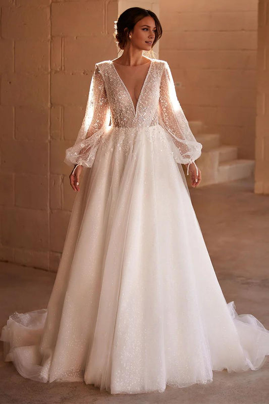 Prom Dress In Store Long Sleeve Beaded Tulle Round Neck Wedding Dress A-line Sparkling Dress For Wedding
