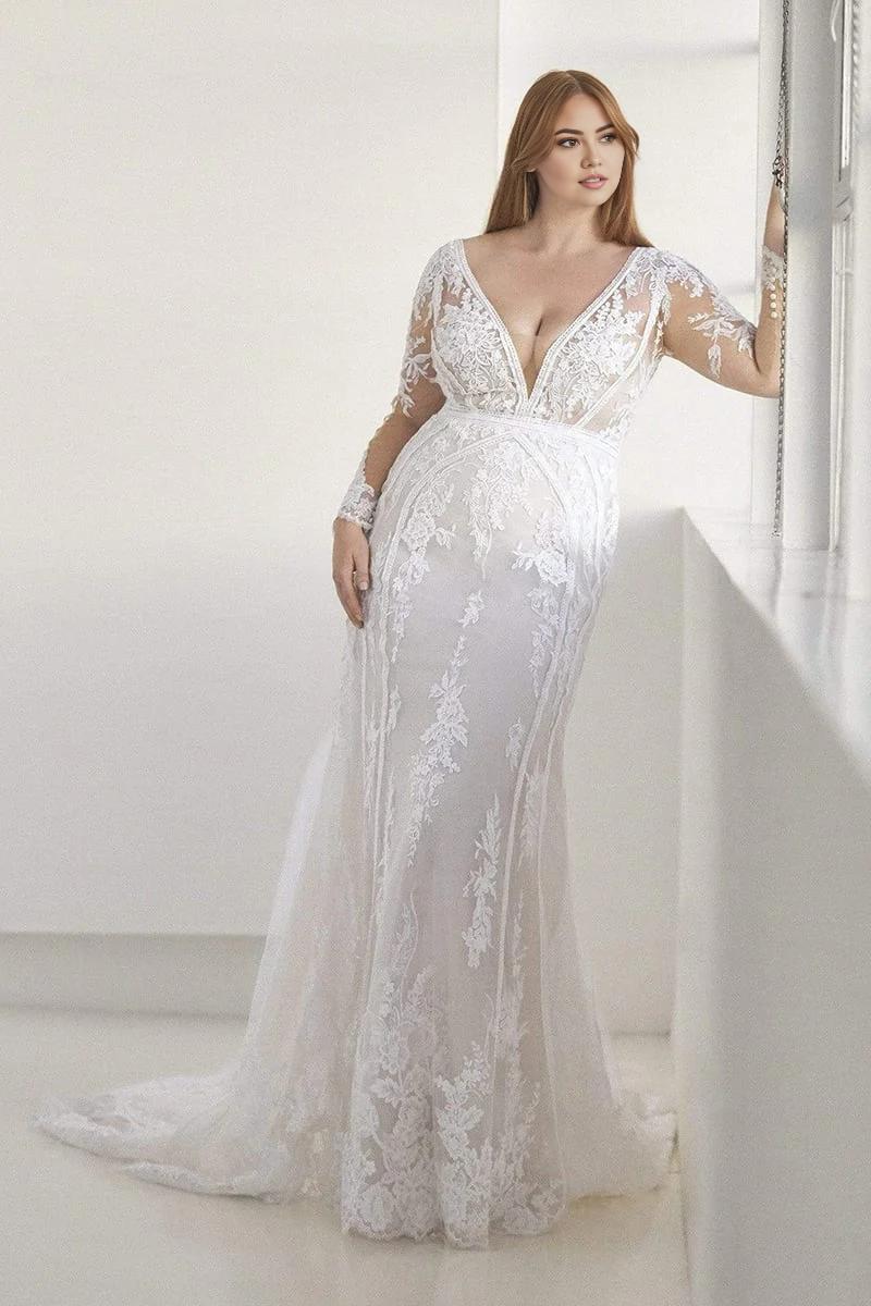 Prom Dress In Store Long Sleeve V Neck Wedding Dress Mermaid Applique With Train Dress For Wedding