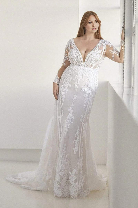 Prom Dress In Store Long Sleeve V Neck Wedding Dress Mermaid Applique With Train Dress For Wedding