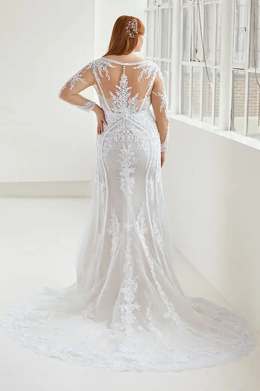 Prom Dress In Store Long Sleeve V Neck Wedding Dress Mermaid Applique With Train Dress For Wedding
