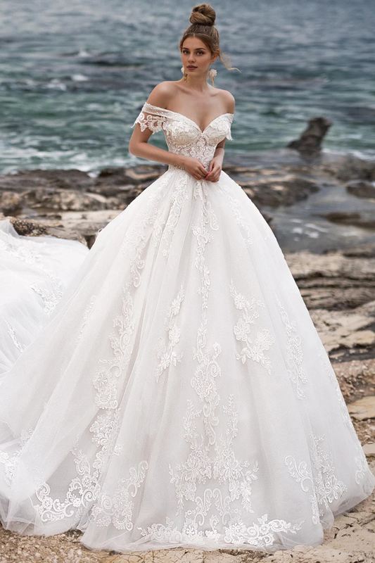 Prom Dress In Store Off-the-shoulder Strapless A-line Wedding Dress With Overlength Train Dress For Wedding