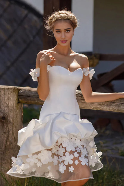 Romantic Satin Sheath Sweetheart Off‑Shoulder 3D‑Flower Lace‑Up‑Back Ruffled Knee‑Length Evening Dresses