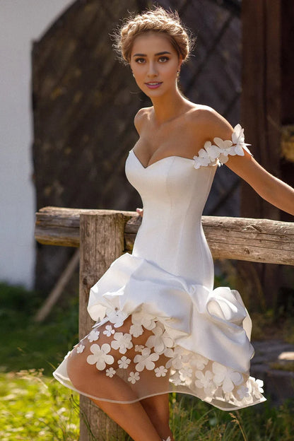 Romantic Satin Sheath Sweetheart Off‑Shoulder 3D‑Flower Lace‑Up‑Back Ruffled Knee‑Length Evening Dresses
