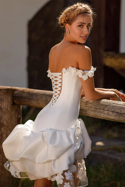 Romantic Satin Sheath Sweetheart Off‑Shoulder 3D‑Flower Lace‑Up‑Back Ruffled Knee‑Length Evening Dresses