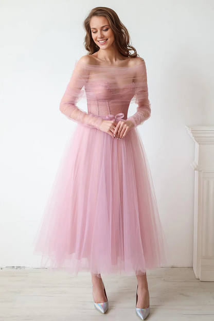 Prom Dress In Store Strapless Elegant A-line Mademoiselle Tea Length Tulle Dresses Evening Wear