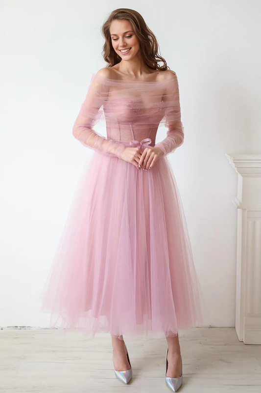 Prom Dress In Store Strapless Elegant A-line Mademoiselle Tea Length Tulle Dresses Evening Wear