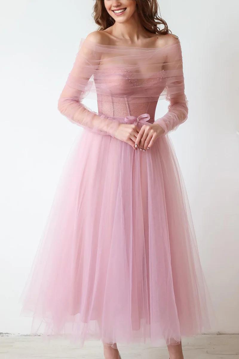 Prom Dress In Store Strapless Elegant A-line Mademoiselle Tea Length Tulle Dresses Evening Wear