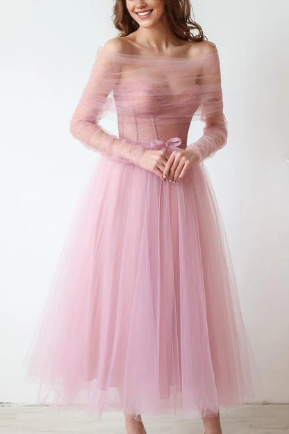 Prom Dress In Store Strapless Elegant A-line Mademoiselle Tea Length Tulle Dresses Evening Wear