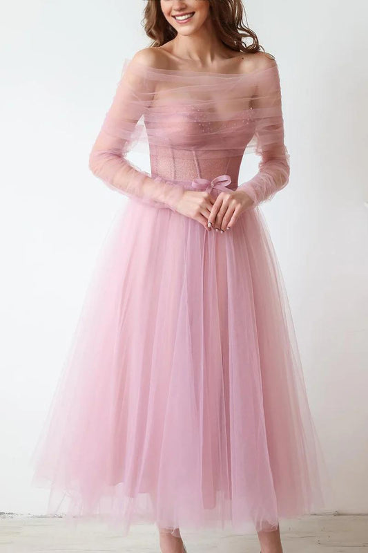 Prom Dress In Store Strapless Elegant A-line Mademoiselle Tea Length Tulle Dresses Evening Wear