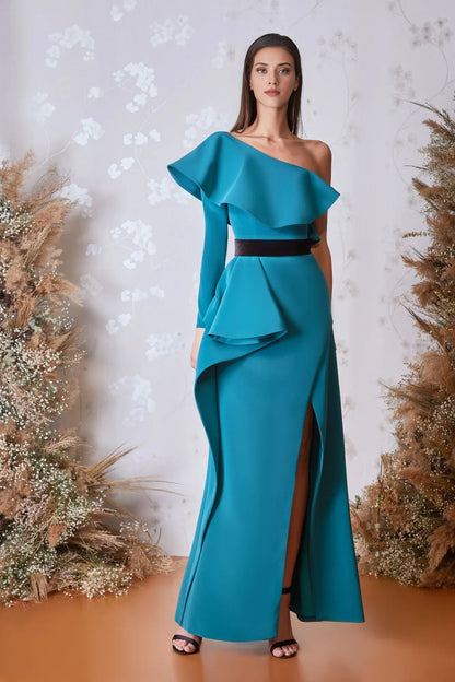 Prom Dress Stores Asymmetric Neck One-shoulder/column Ruffles Side Slit Formal Women's Dresses