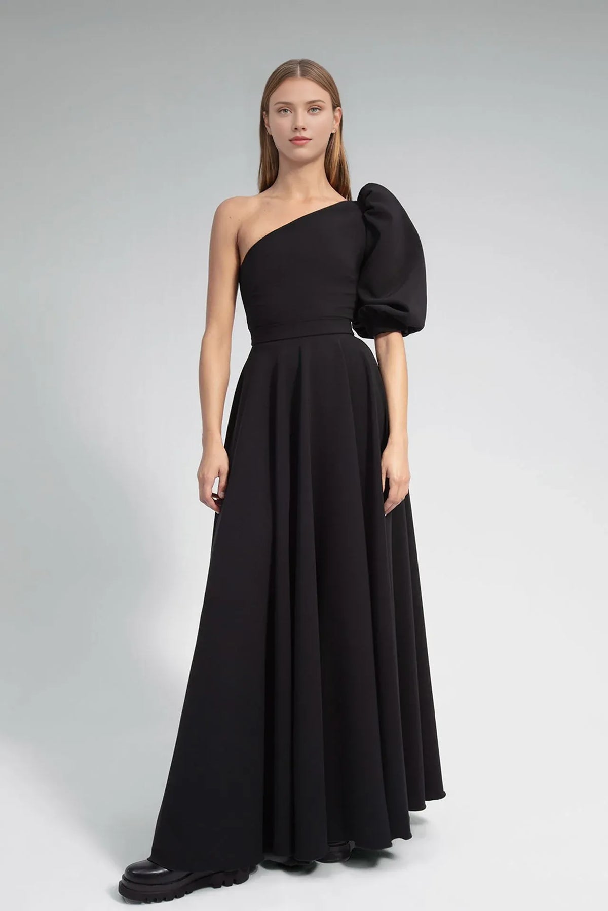 Prom Dress Stores Asymmetric Neck One-shoulder Short Puffy Sleeve A-line Flared Dress Evening Formal Women's Dresses