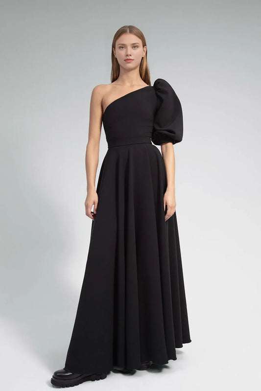 Prom Dress Stores Asymmetric Neck One-shoulder Short Puffy Sleeve A-line Flared Dress Evening Formal Women's Dresses