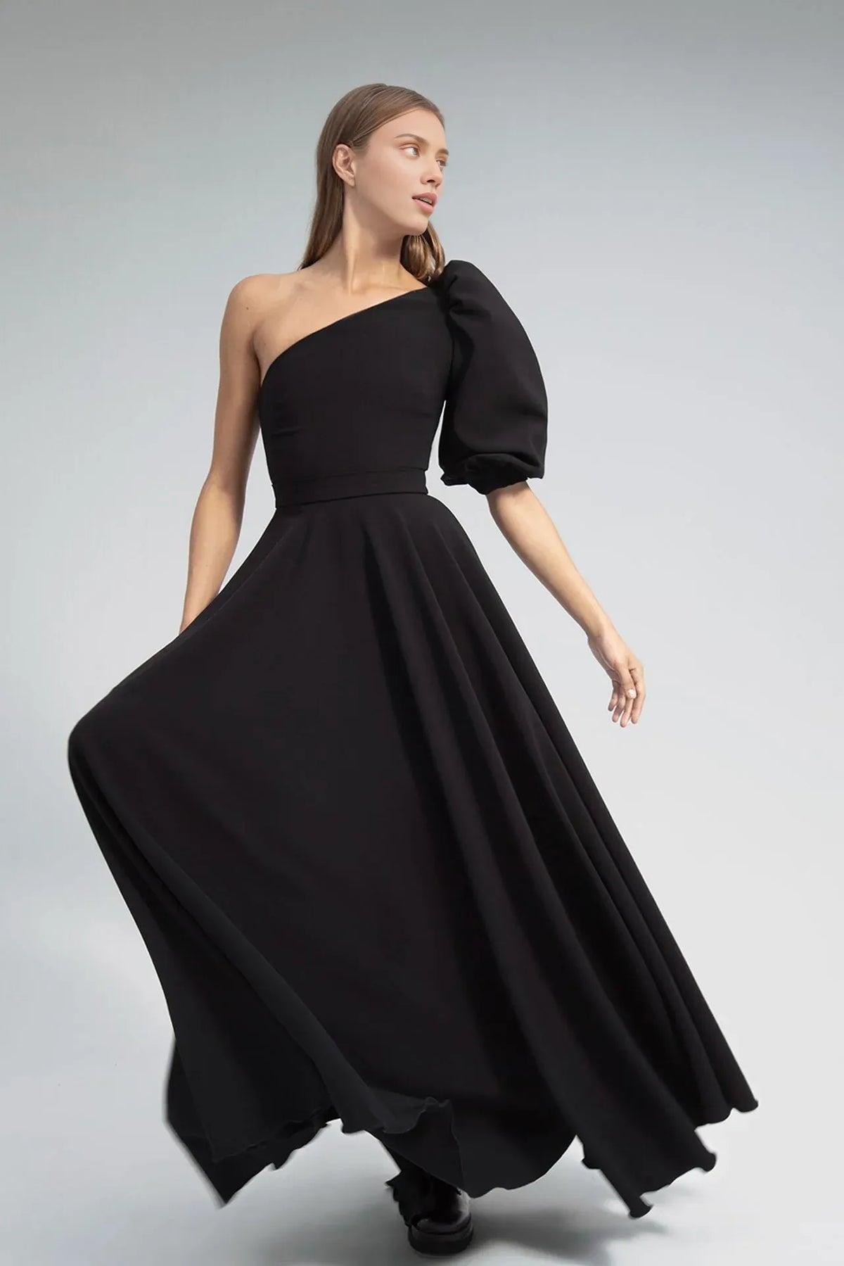 Prom Dress Stores Asymmetric Neck One-shoulder Short Puffy Sleeve A-line Flared Dress Evening Formal Women's Dresses