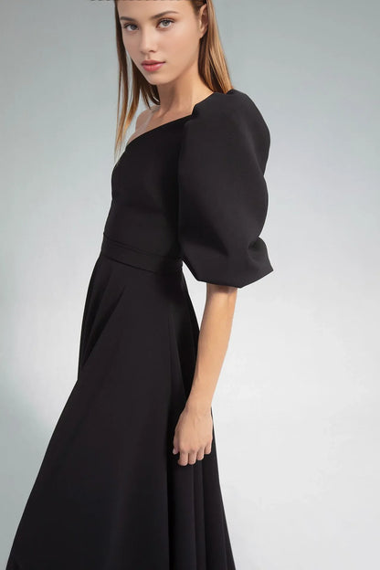 Prom Dress Stores Asymmetric Neck One-shoulder Short Puffy Sleeve A-line Flared Dress Evening Formal Women's Dresses