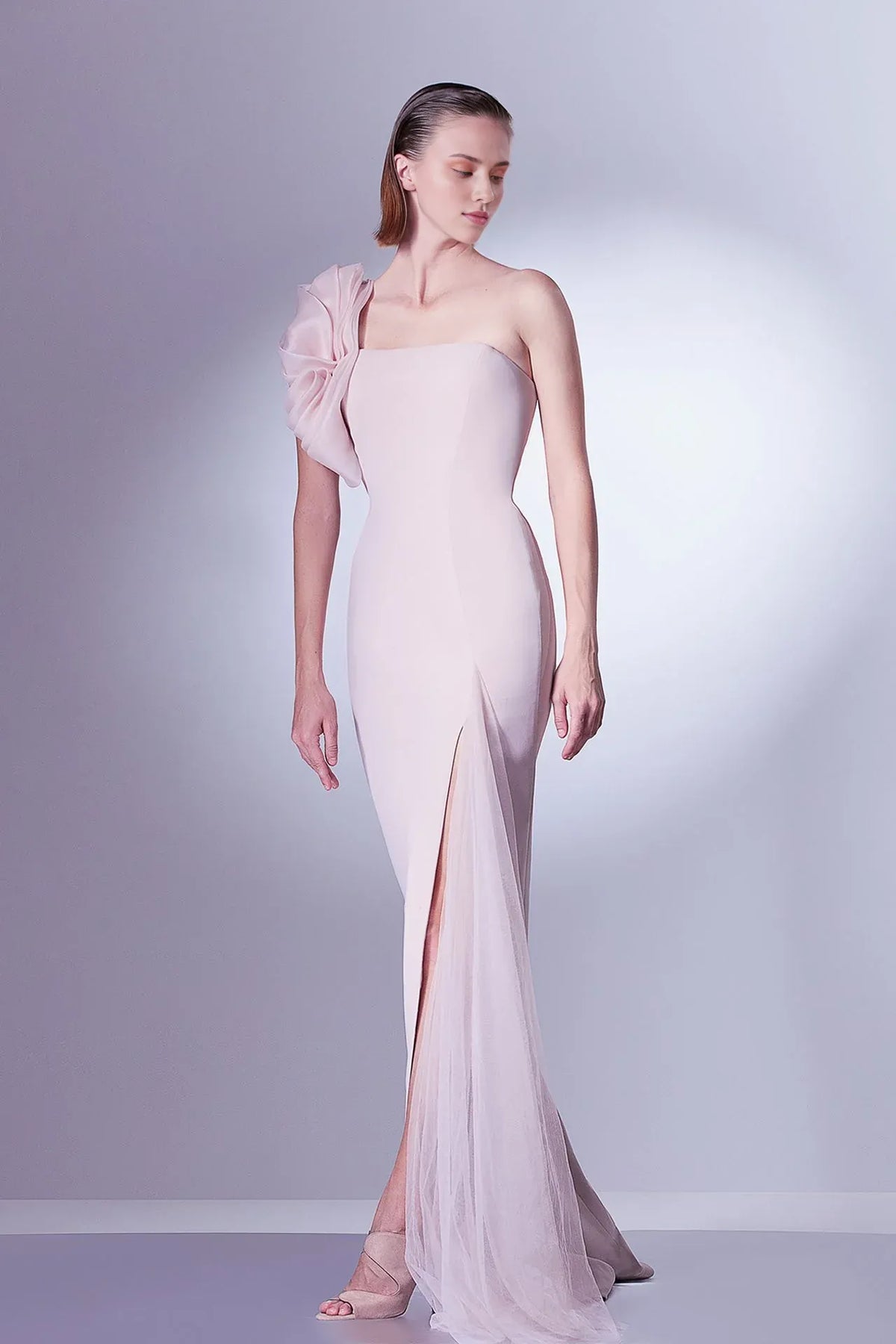 Prom Dress Stores One-shoulder Featuring Ruffles Side Tulle Slit Formal Women's Dresses