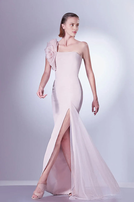 Prom Dress Stores One-shoulder Featuring Ruffles Side Tulle Slit Formal Women's Dresses