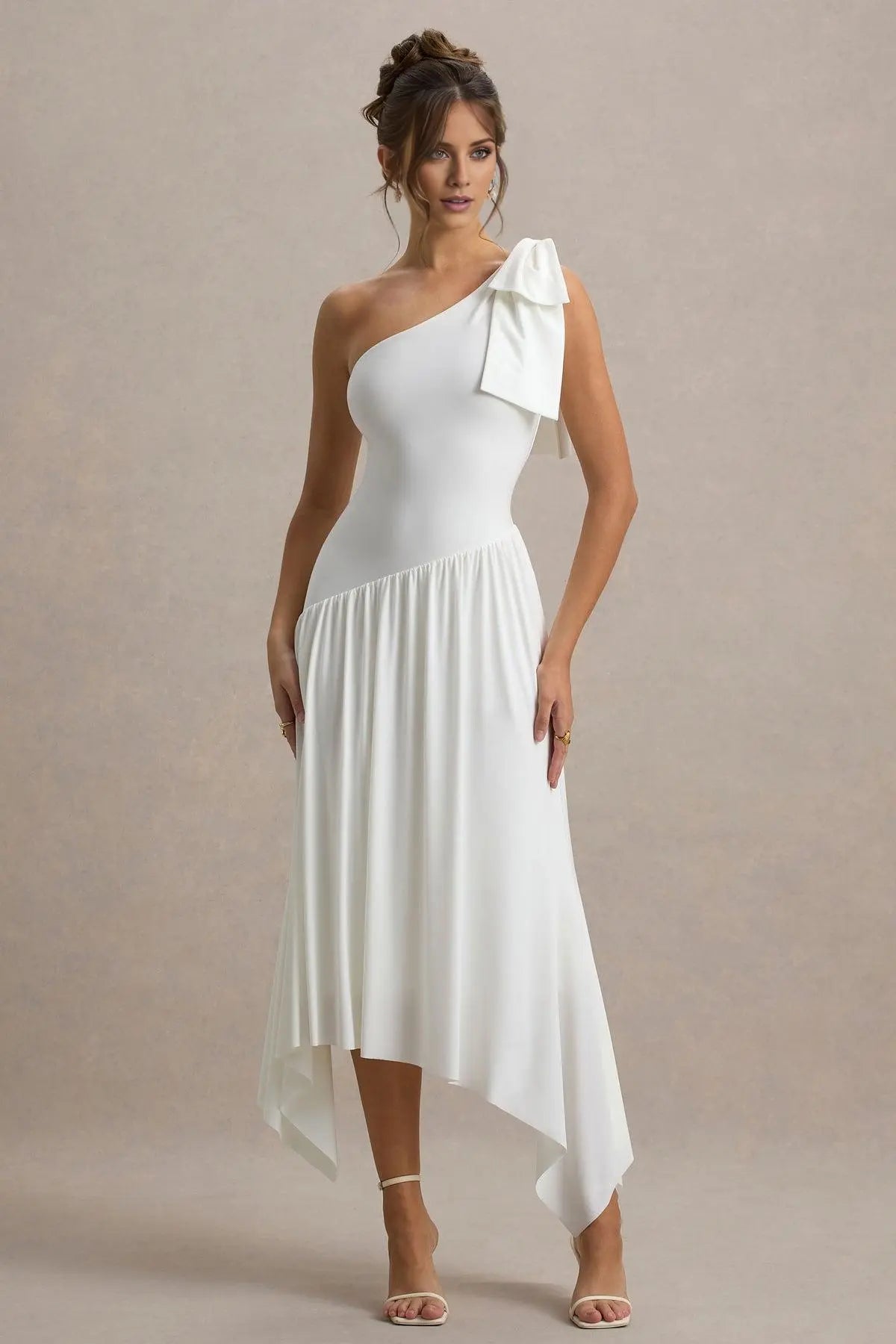 Simple White Satin One Shoulder Bow Sleeveless Evening Dress with Pleated Prom Dress