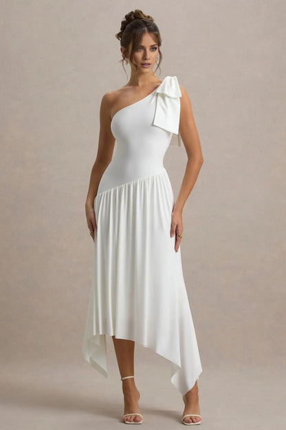 Simple White Satin One Shoulder Bow Sleeveless Evening Dress with Pleated Prom Dress