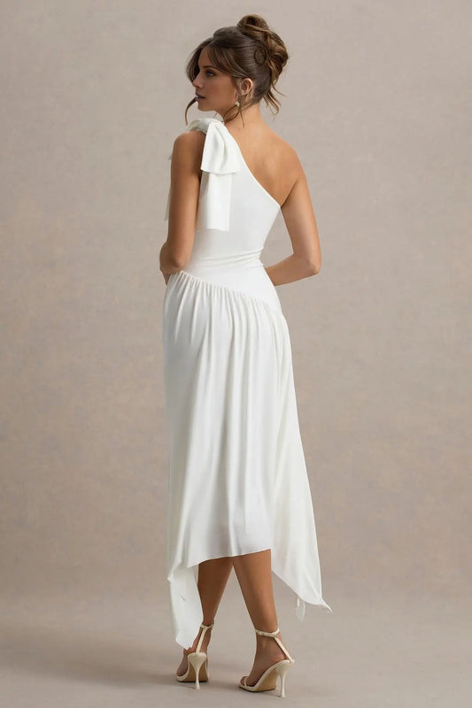 Simple White Satin One Shoulder Bow Sleeveless Evening Dress with Pleated Prom Dress