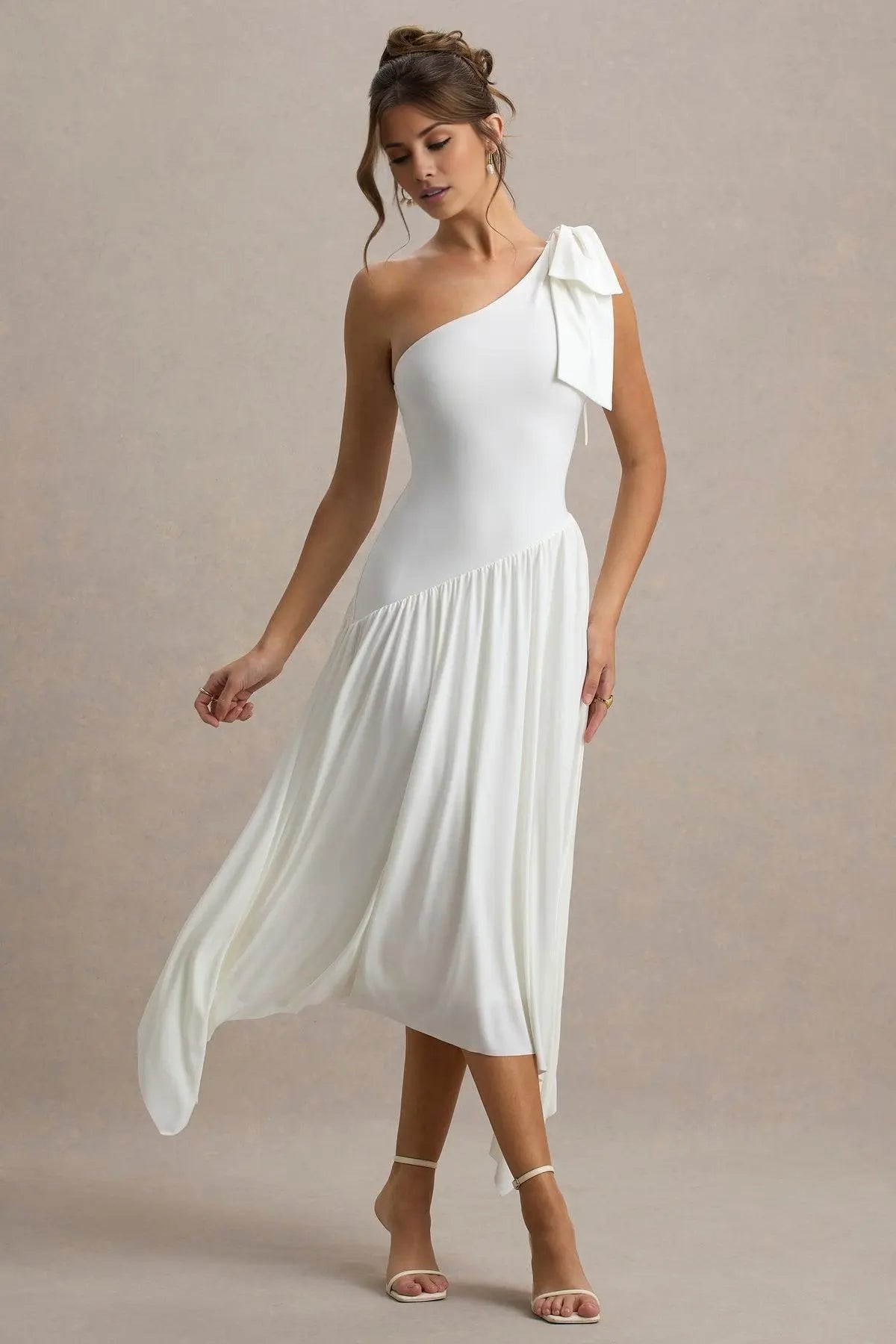 Simple White Satin One Shoulder Bow Sleeveless Evening Dress with Pleated Prom Dress