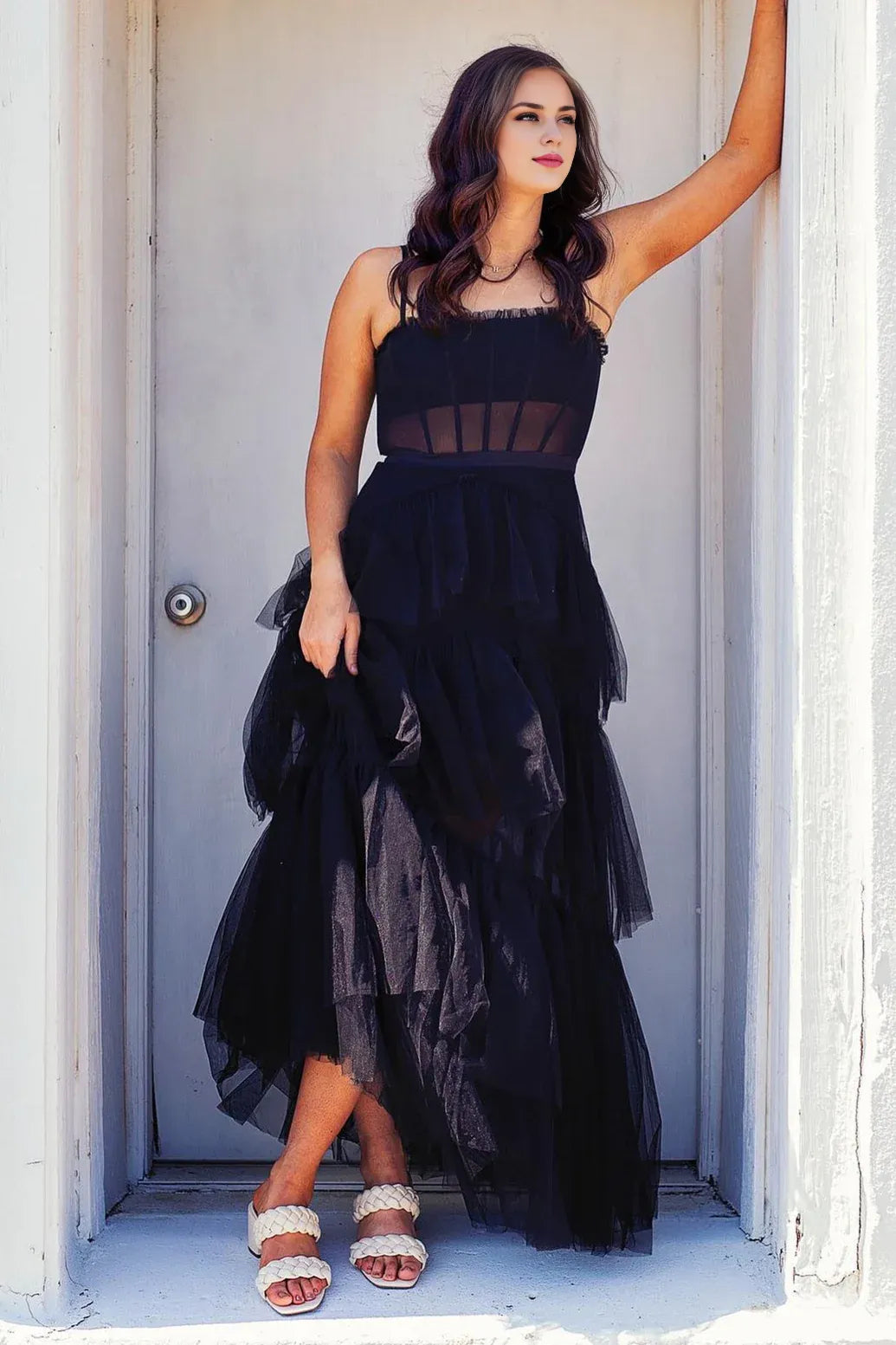 Spaghetti Straps A-line Black Tiered Ruffle Tulle Long Party Dress Prom Dress Prom Dresses Stores