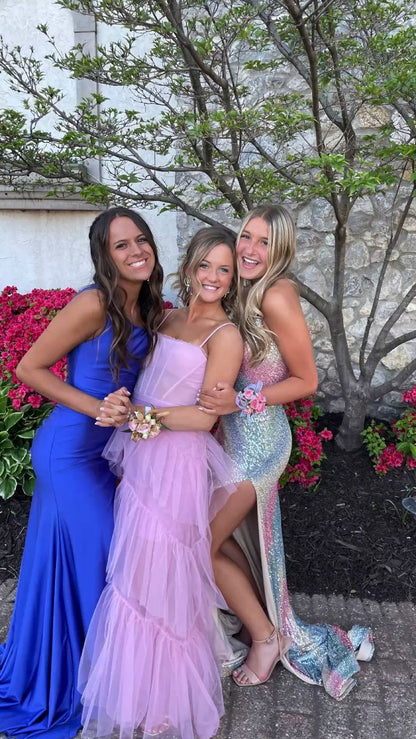 Spaghetti Straps A-line Black Tiered Ruffle Tulle Long Party Dress Prom Dress Prom Dresses Stores