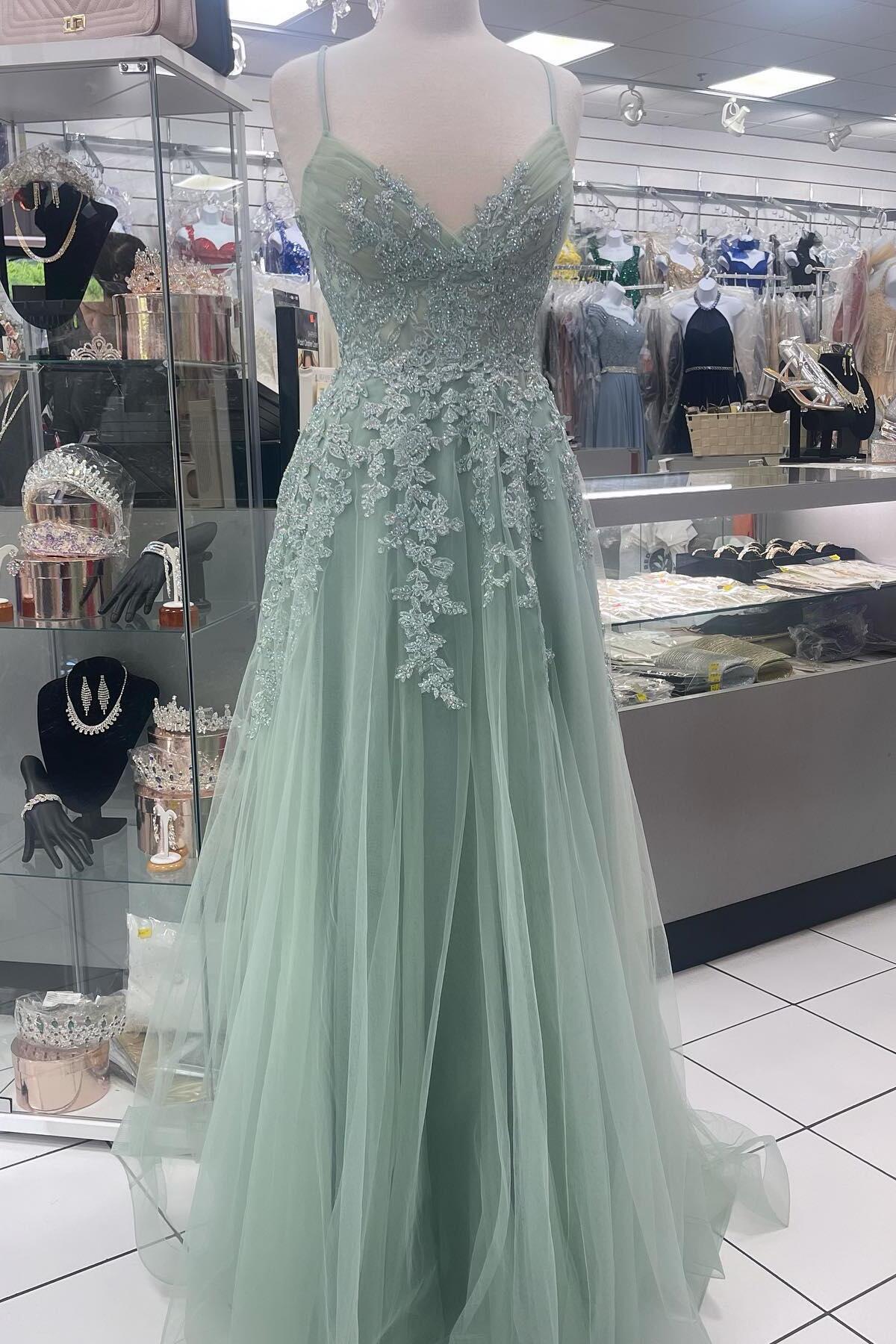 Spaghetti Straps Sage Green Appliques Tulle Backless Long Formal Dress Prom Dress Prom Dresses Stores