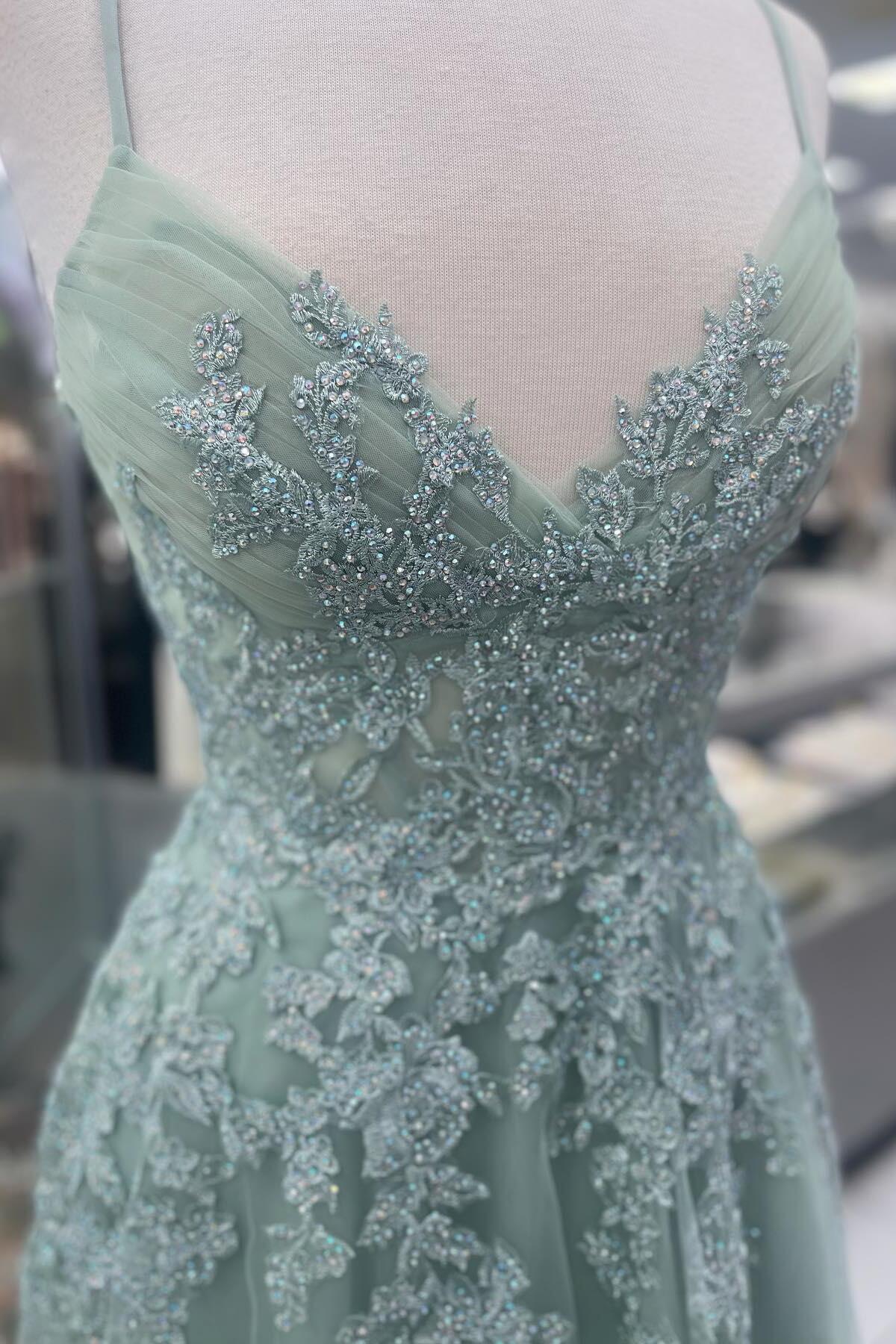 Spaghetti Straps Sage Green Appliques Tulle Backless Long Formal Dress Prom Dress Prom Dresses Stores