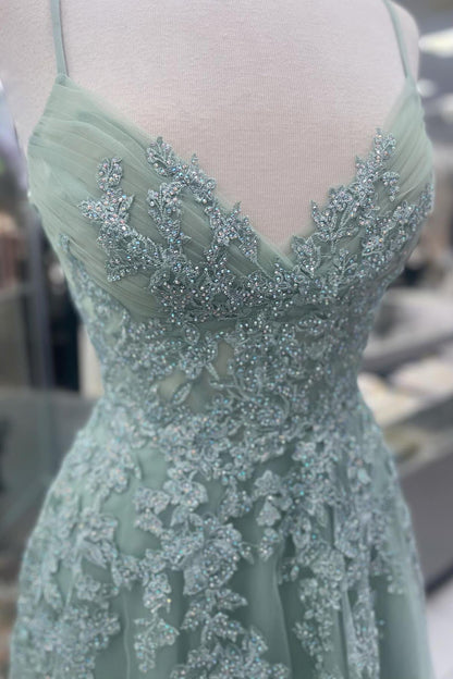 Spaghetti Straps Sage Green Appliques Tulle Backless Long Formal Dress Prom Dress Prom Dresses Stores