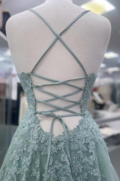 Spaghetti Straps Sage Green Appliques Tulle Backless Long Formal Dress Prom Dress Prom Dresses Stores