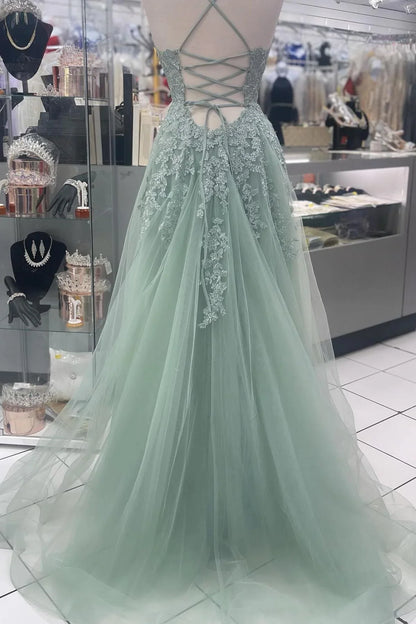 Spaghetti Straps Sage Green Appliques Tulle Backless Long Formal Dress Prom Dress Prom Dresses Stores
