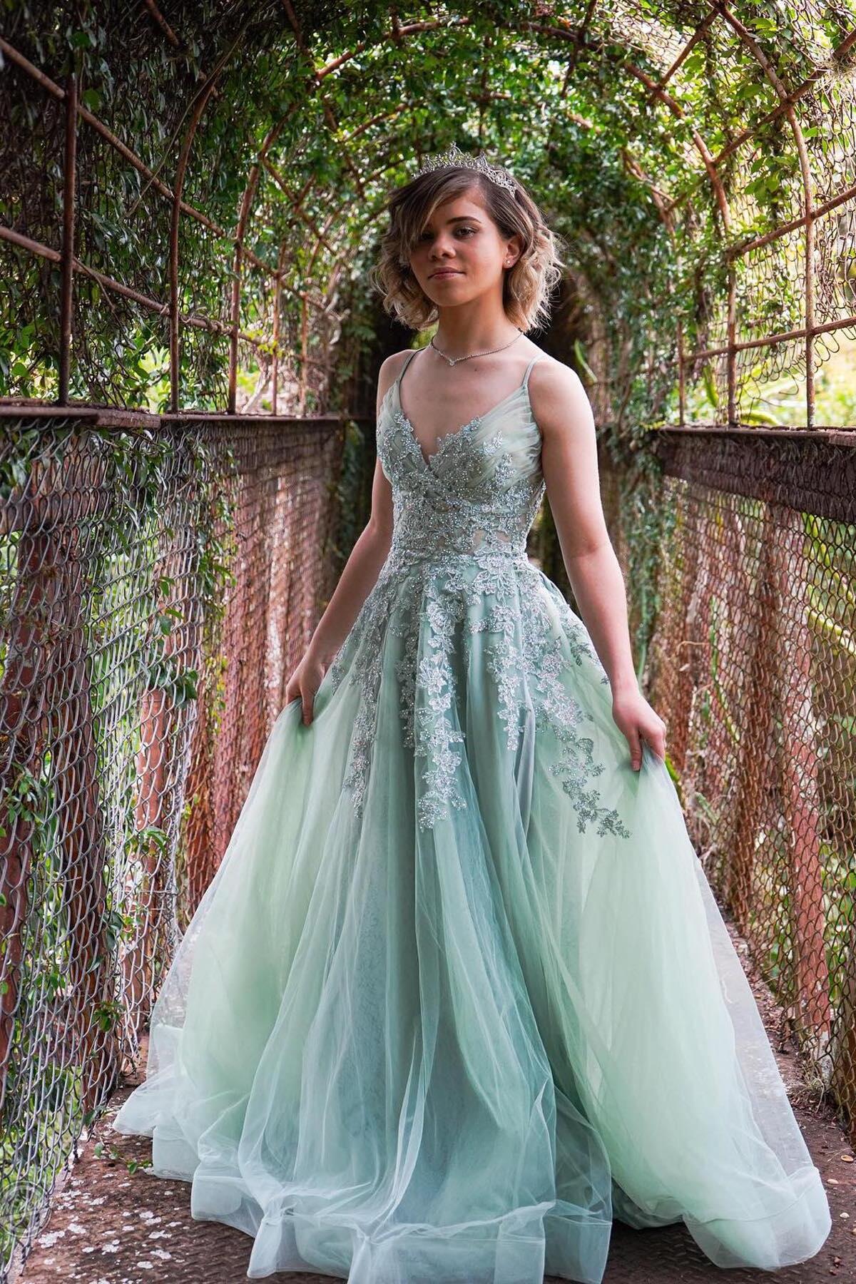 Spaghetti Straps Sage Green Appliques Tulle Backless Long Formal Dress Prom Dress Prom Dresses Stores