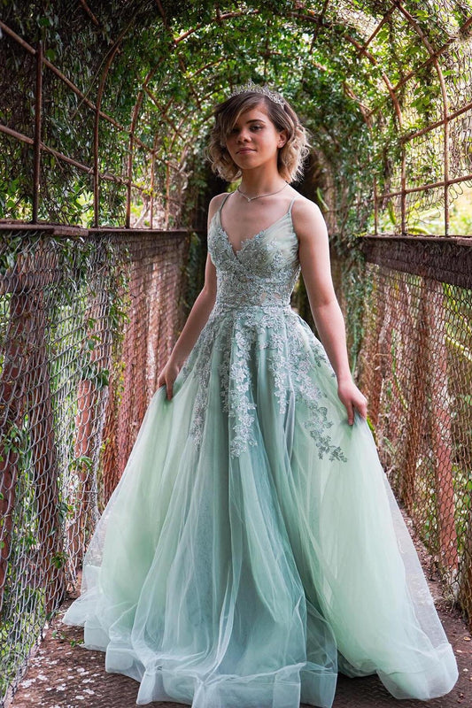 Spaghetti Straps Sage Green Appliques Tulle Backless Long Formal Dress Prom Dress Prom Dresses Stores