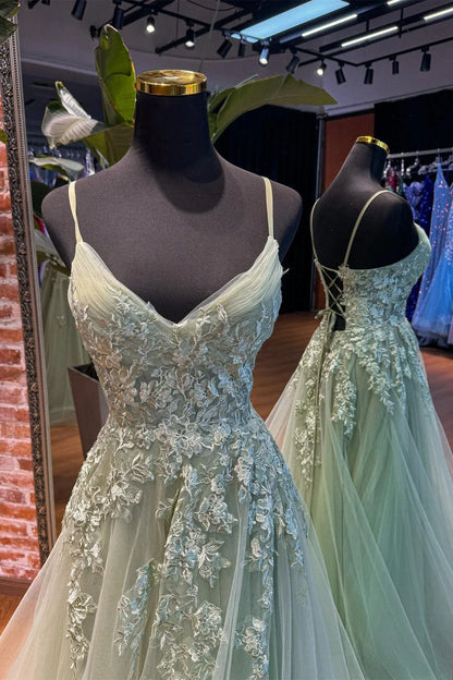 Spaghetti Straps Sage Green Appliques Tulle Backless Long Formal Dress Prom Dress Prom Dresses Stores