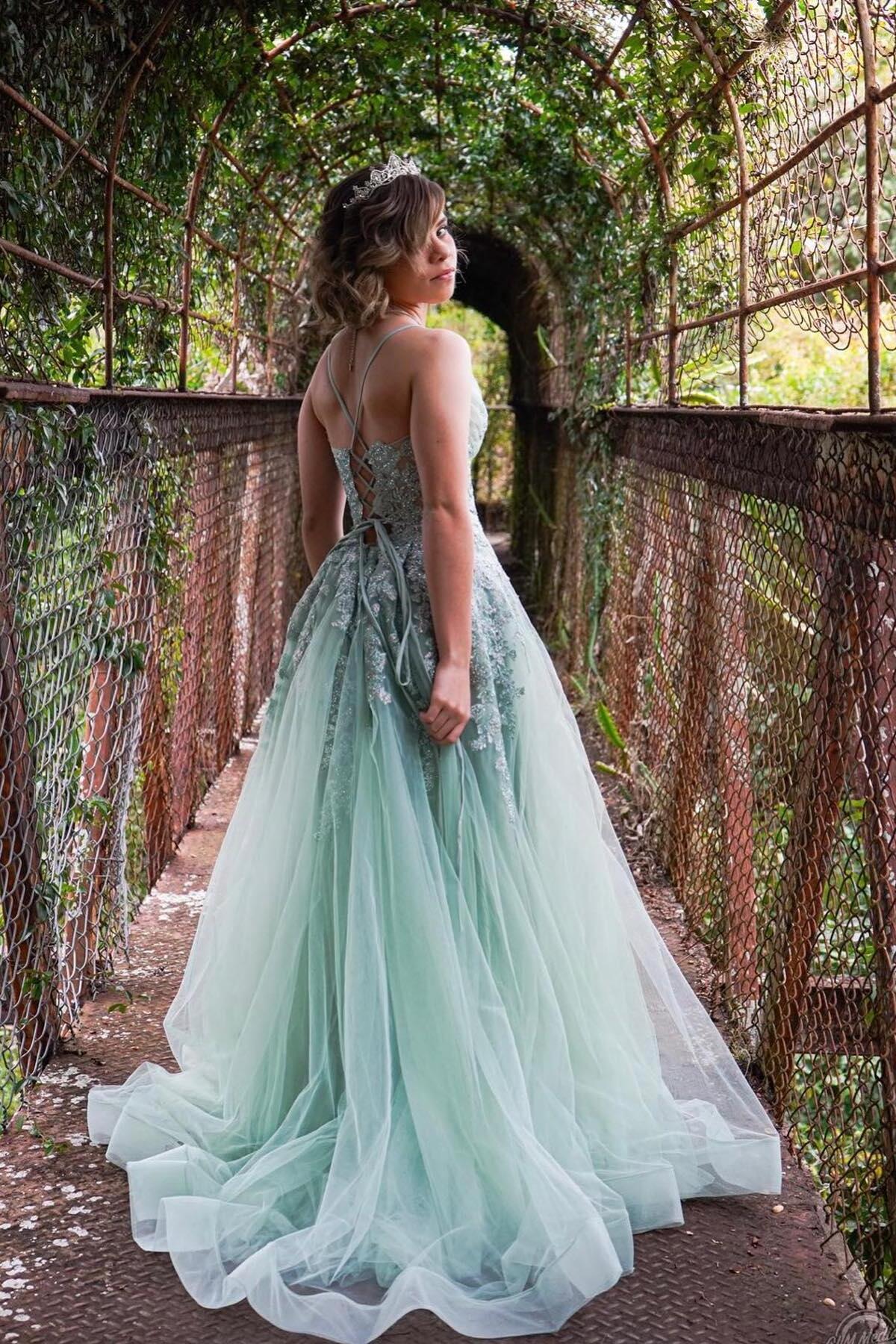 Spaghetti Straps Sage Green Appliques Tulle Backless Long Formal Dress Prom Dress Prom Dresses Stores